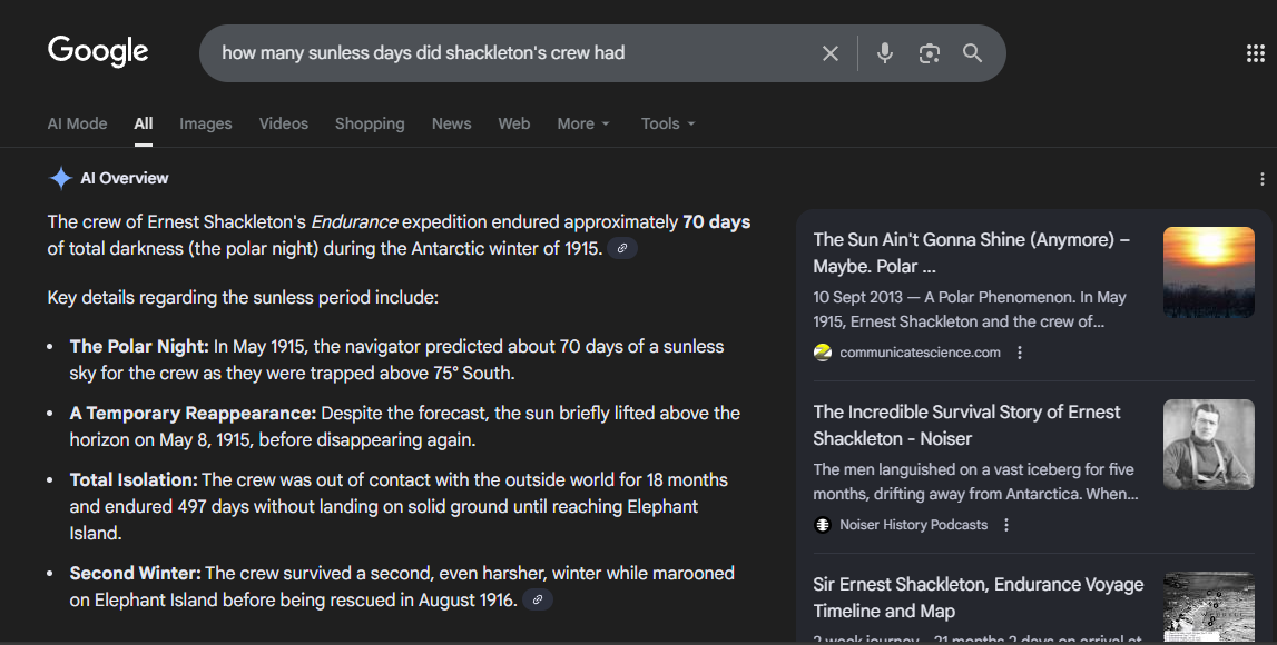 Sunless days for Shackleton's expedition