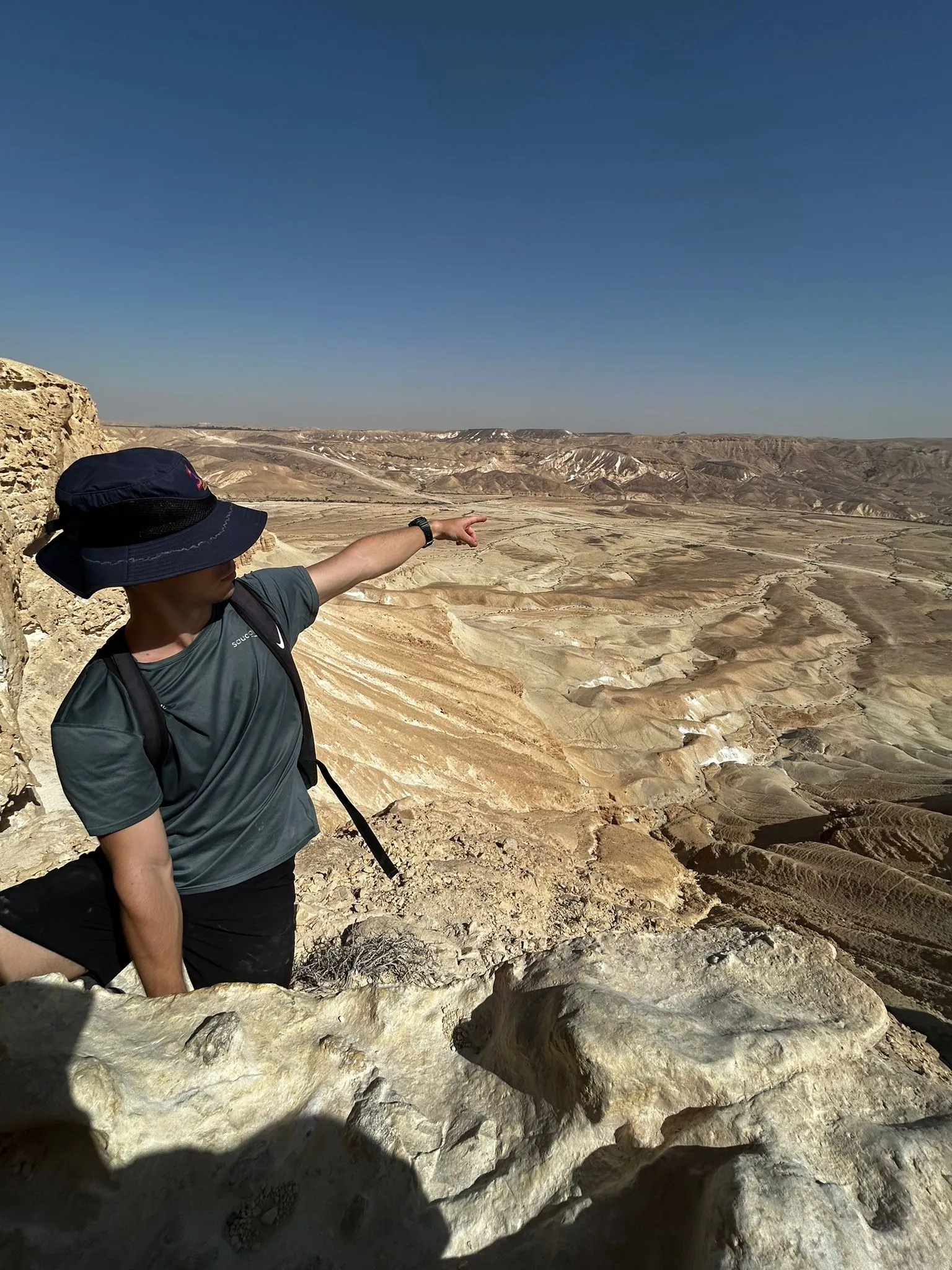 The first time I seriously went out to the nature. Ron & I went on a hot September day to explore the desert located a 50-minute-ride from us. The route was circular and started at Midreshet Ben-Gurion. We went through, Hod Akev, Ein Akev and Ma'ale Divshon. It peaked at 37°C that day (98.6°F). Btw I didn't intentionally point at anything, but I did return to the place I was pointing at, Mount Tzror, 3 months later, on a cloudy short December day.